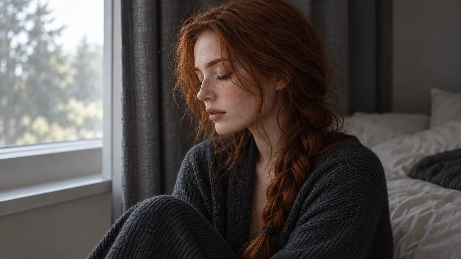 Soléïane beside a window with her eyes closed