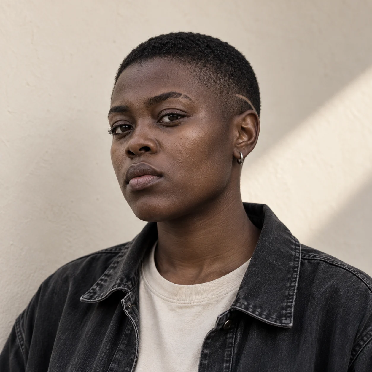 Portrait of Veskya in a dark jacket against a pale wall